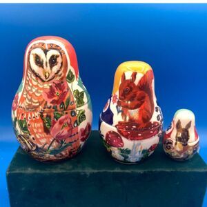 Anthropologie Nathalie Lété matryoshka nesting measuring cups 5.5" Owl Fawn Sqrl